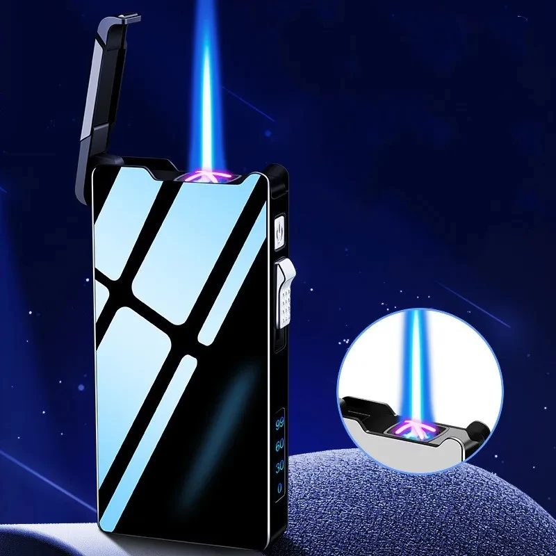 

Metal Outdoor Windproof Dual Arc Plasma USB Lighter Blue Flame Turbo Torch Butane Gas Cigar Lighter Battery Display Men's Gadget