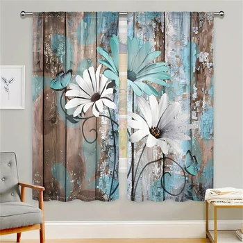 2Pcs Vintage Wooden Floral Curtains Mint Green White Daisy Butterfly Living Room Bedroom Window Decor Curtains Country Sty 1