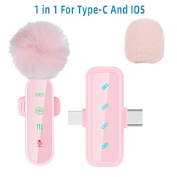 Pink Lavalier Microphone Set with Noise Cancelling & LED Display - Wireless Lapel Mic with Wind Muff (4 Pack) (Pink - 1 - C And IOS)