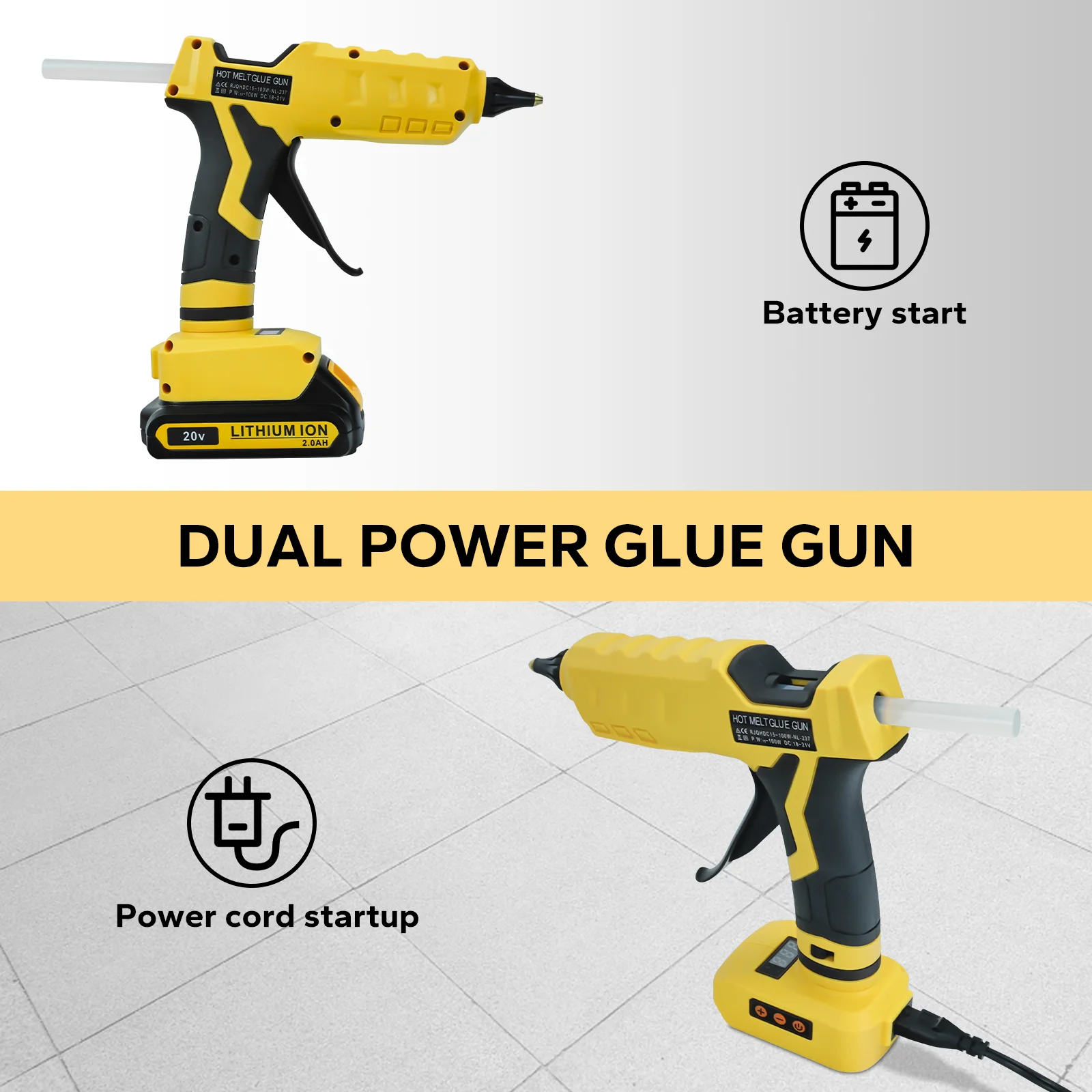 100W Cordless Hot Glue Gun for Dewalt 20V Battery Dual-Power Glue Gun with Power Cord & 10Pcs 11mm Sticks for Arts & Crafts
