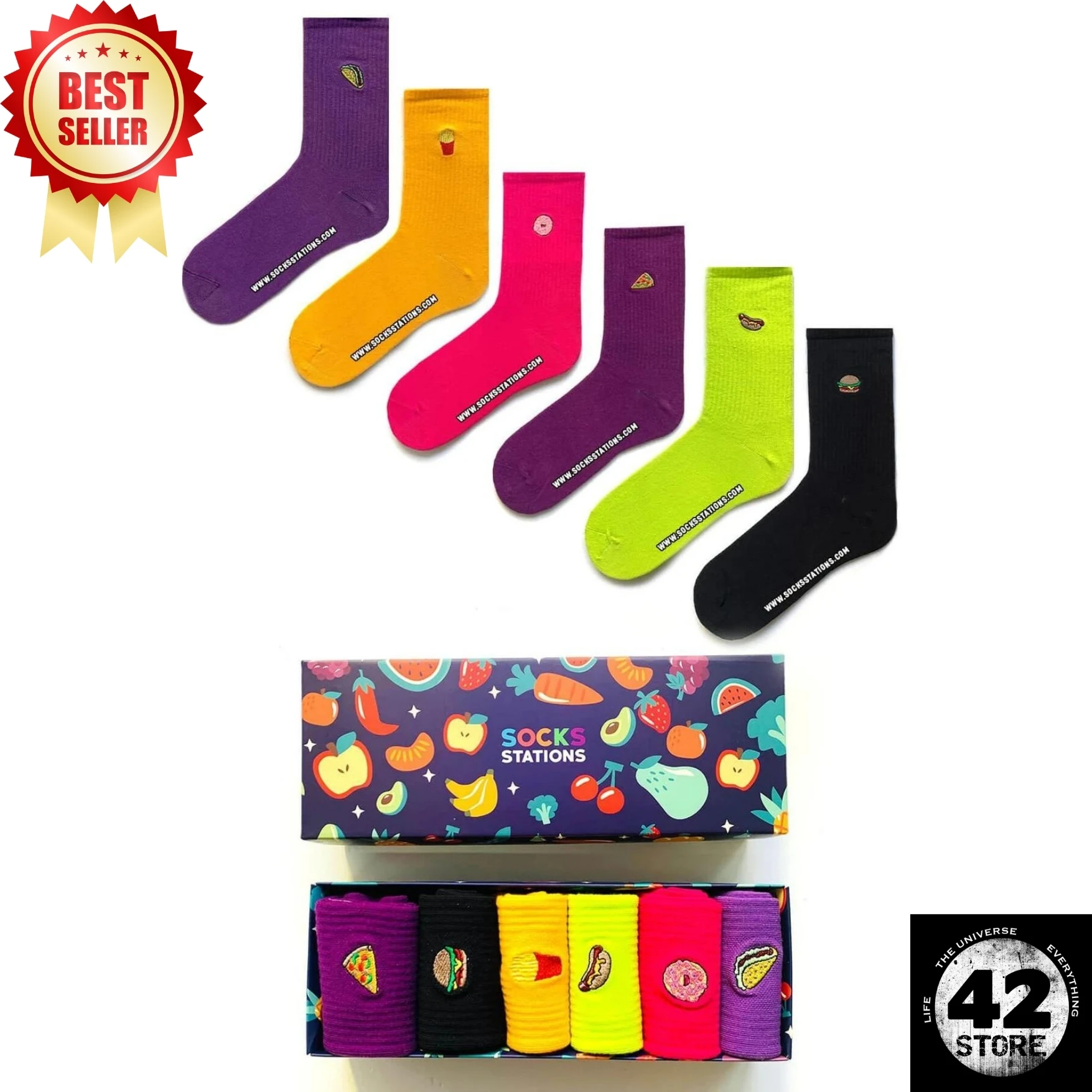 Fast Food Embroidered Mixed Color Patterned Sock Box 6 Packs