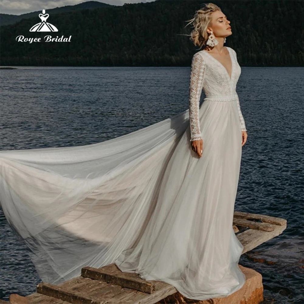 

Богемные Свадебные платья с длинным рукавом, ТРАПЕЦИЕВИДНОЕ женское пляжное платье с V-образным вырезом, женское платье невесты в стиле бохо, Robe De Mariee