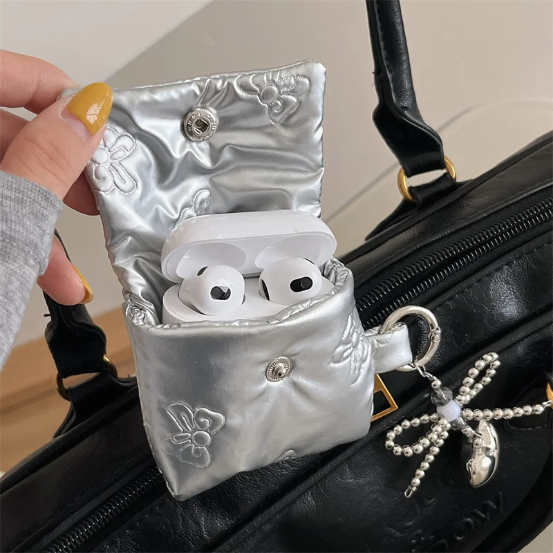 Korean Cute Bow Soft Puffer Down Earphone Bag with Chain
