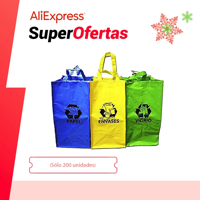 Bolsa de reciclaje azul, verde y amarilla. Bolsa para reciclar