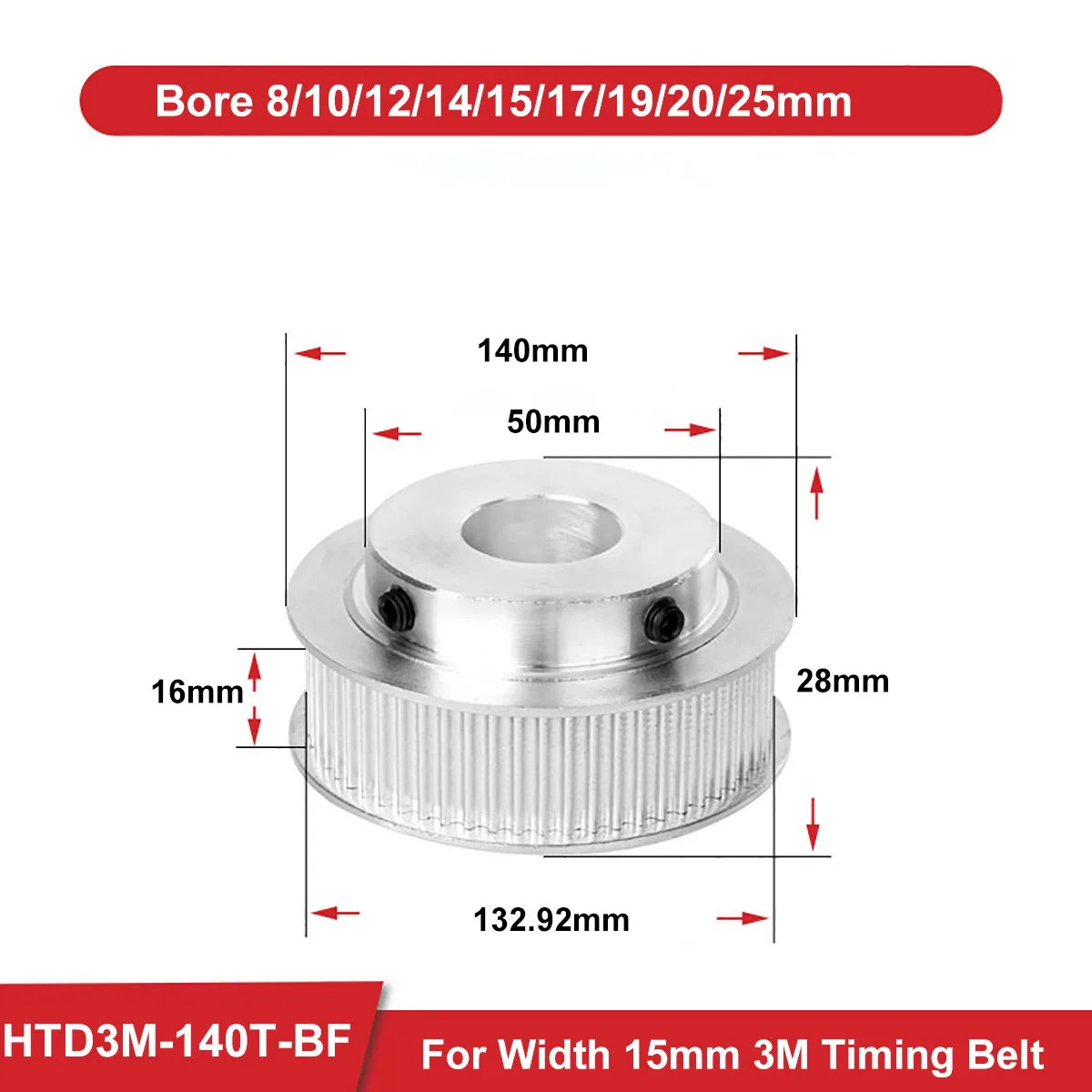 

140 Teeth HTD 3M Synchronous Pulley Bore 8/10/12/14/15/17/19/20/25mm BF keyway HTD3M Timing Pulley For Width 15mm 3M Timing Belt