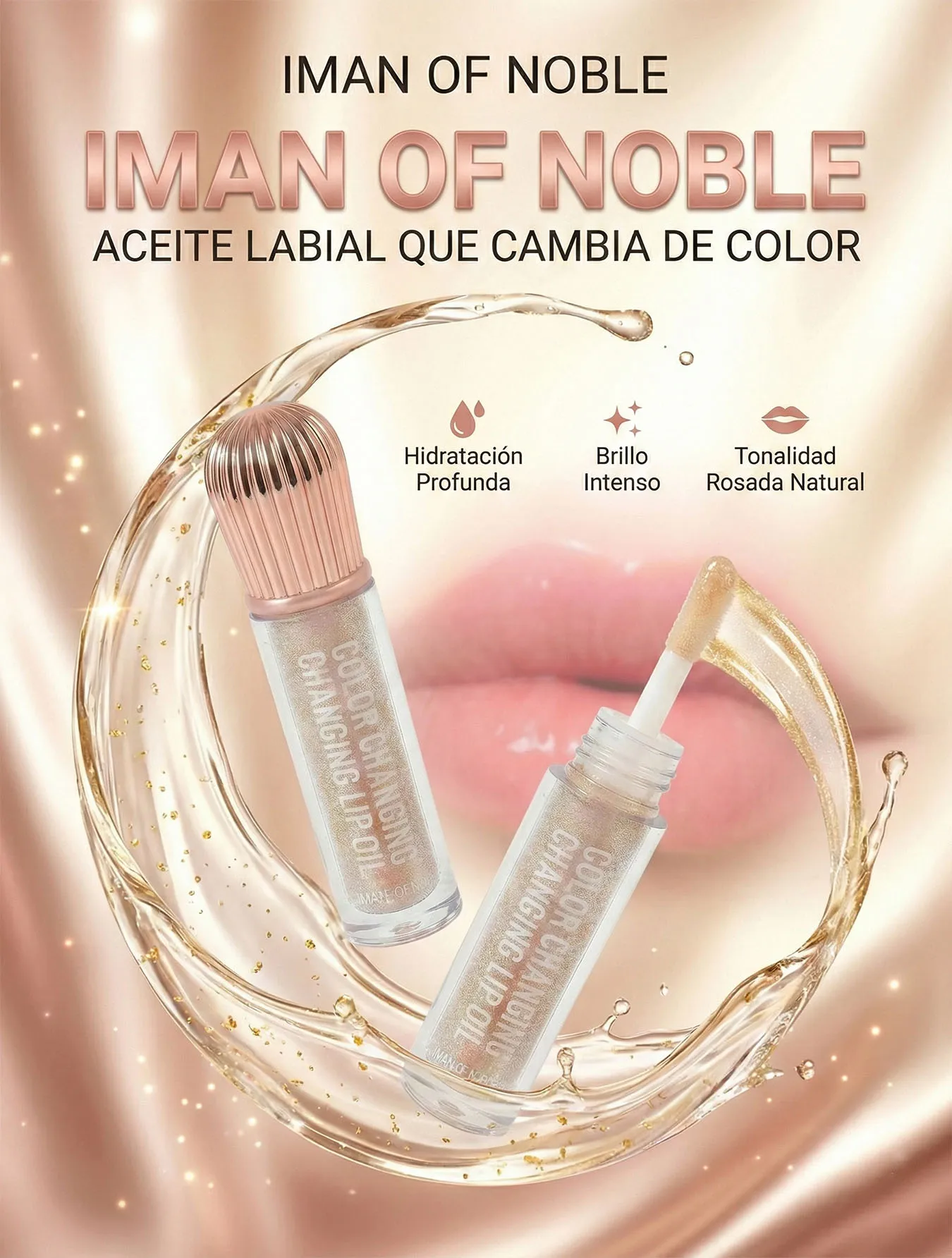 2 Piezas Aceite Labial que Cambia de Color Color Changing Lip Oil 10g c/u, Efecto pH con Tono Rosado Personalizado, Brillo Espejo con Partículas Doradas, Hidratación Profunda, Textura Ligera No Pegajosa