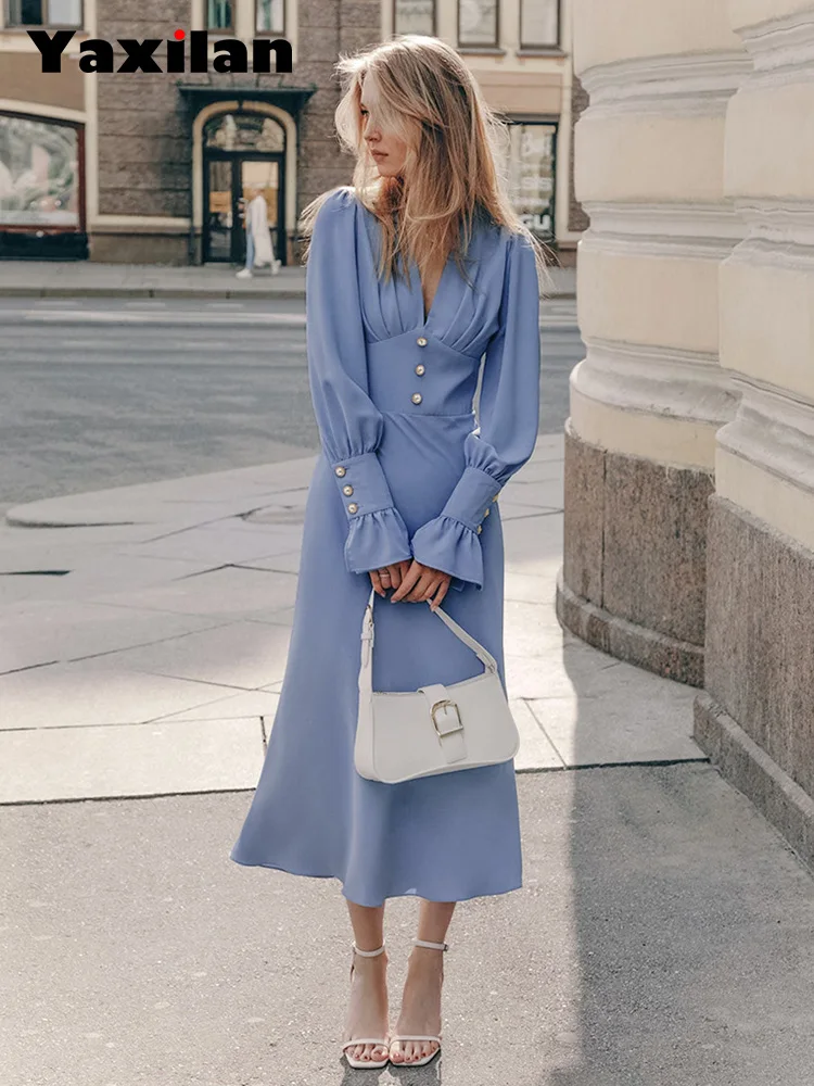 

InsLucky Chiffon Lantern Sleeve A Line Dress High Waist Button Folds Slim Solid Elegant Party Chic Women Evening Dresses Autumn