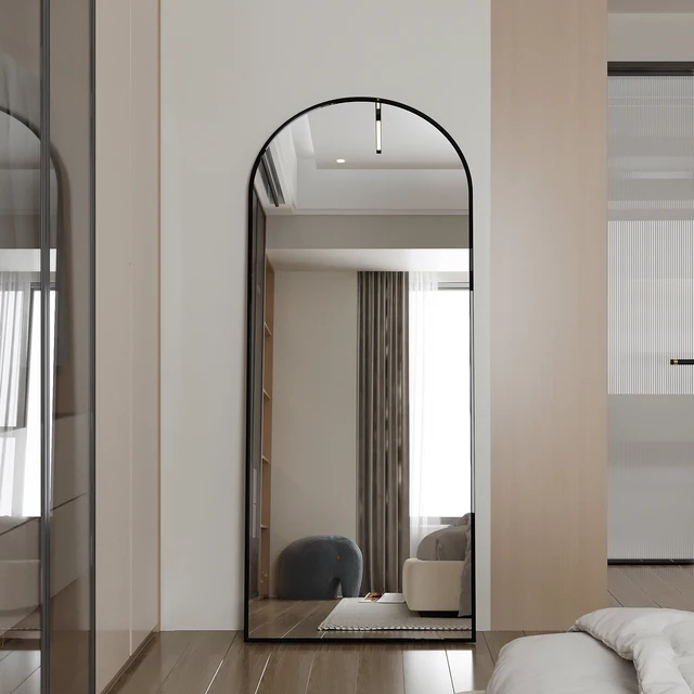 Specchio a tutta massa 180x80cm, specchio curvo con telaio in lega di alluminio nero e vetro rinforzato, con ganci, specchio da pavimento grande HD 3