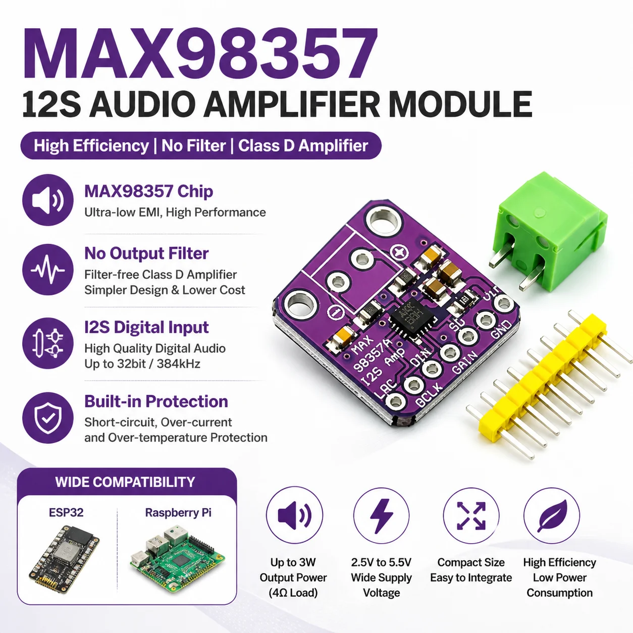 High-Efficiency 3W I2S Audio Amplifier Module - Class D, No Filter