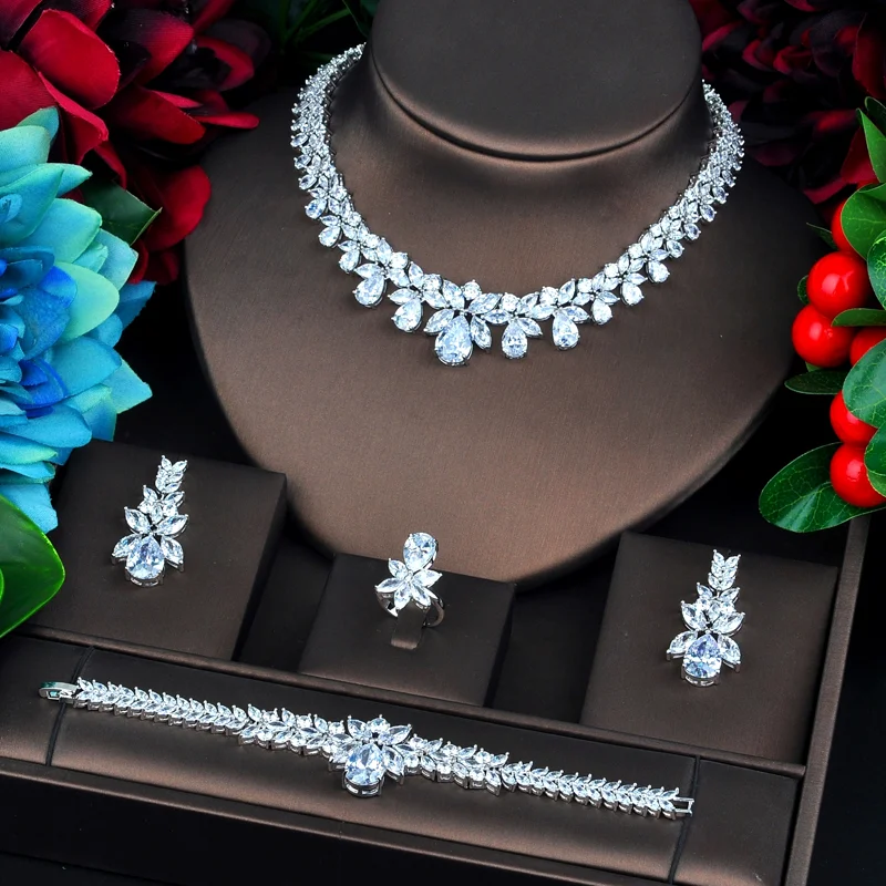 

Nigeria 4pcs Bridal Zirconia Jewelry Sets For Women Party, Luxury Dubai Nigeria platinum plating CZ Crystal Wedding Jewelry Sets