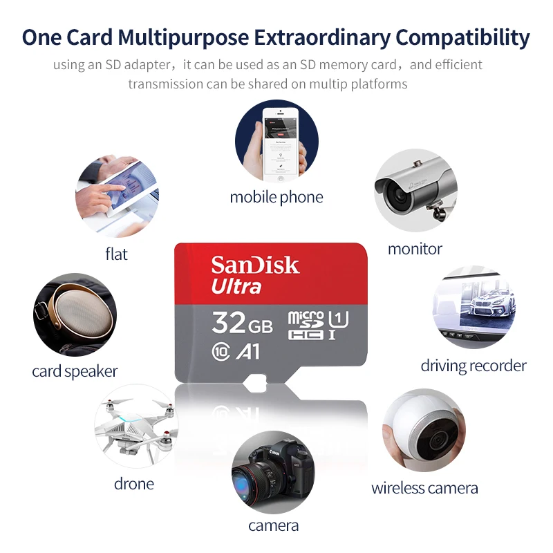 Sandisk Ultra Micro SD 128GB 32GB U1 A1 Class 10 64GB 256GB بطاقة Micro SD/TF بطاقة فلاش بطاقة الذاكرة 512G microSD للهاتف PC