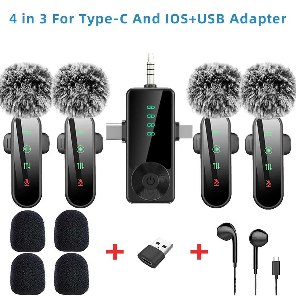Pink Lavalier Microphone Set with Noise Cancelling & LED Display - Wireless Lapel Mic with Wind Muff (4 Pack)