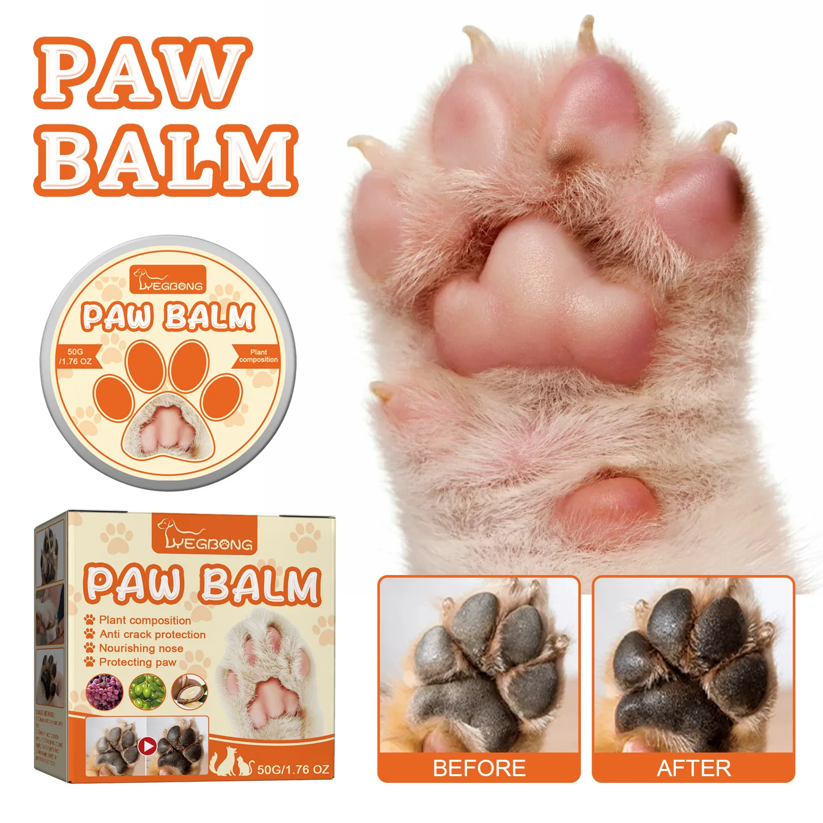 Yegbong 50g Pet Paw Moisturizing Care Balm Dog Cat Soothing Dry Cracked Protect Nourishing Paw Protection Relief Pet Paw Balm 1