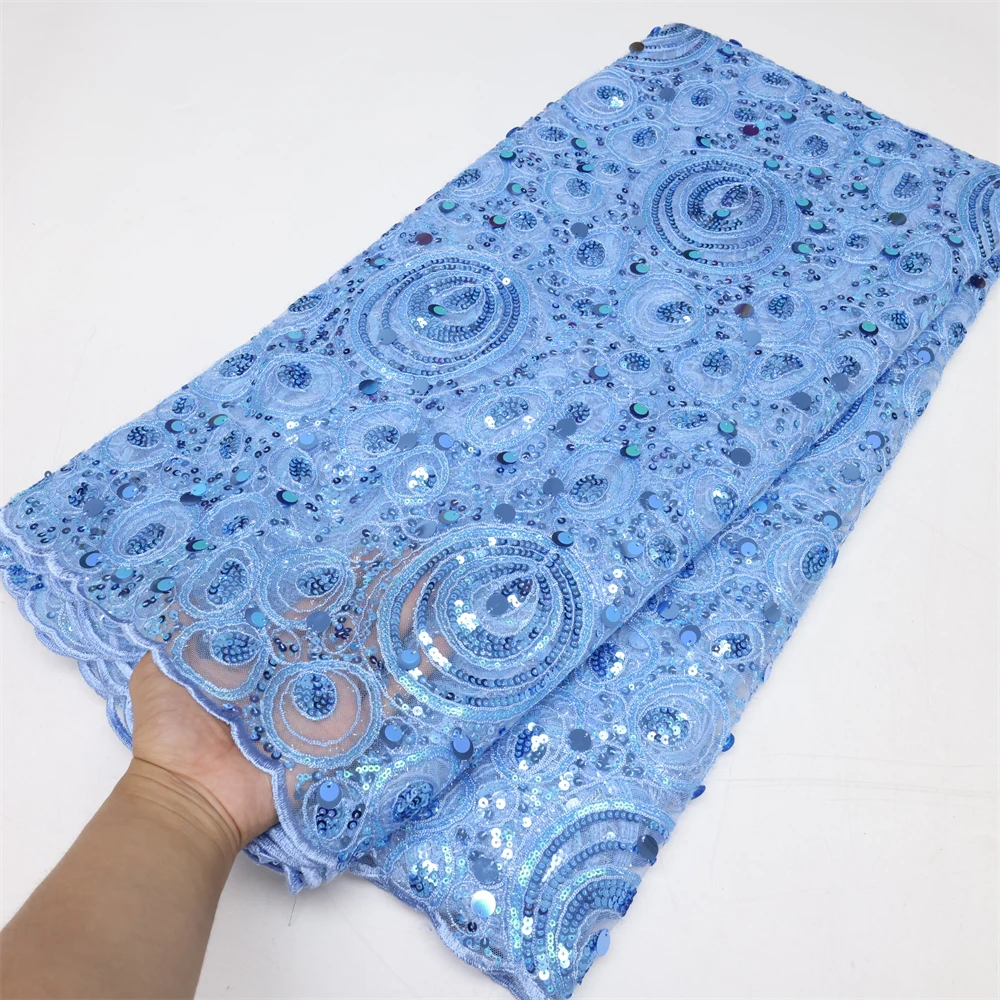 

Latest Heavy Rope Embroidery African Lace Fabric Nigerian High Quality Shiny Sequins Tulle Guipure Lace Sewing for Wedding Robe