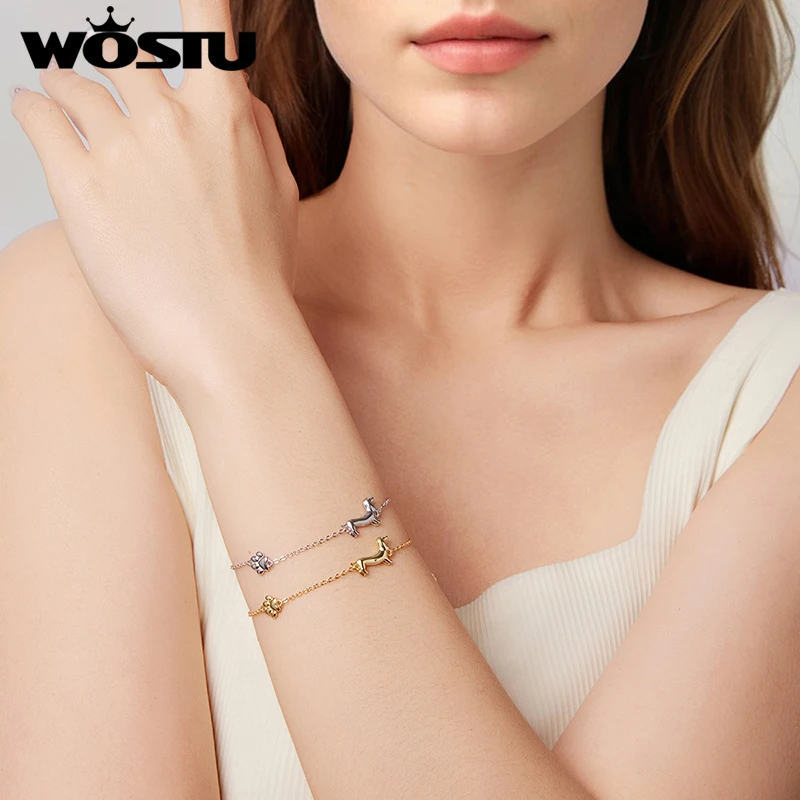 WOSTU Solid 925 Silver Dachshund Pendant Necklace 18K Gold Pet Paw Chain Link Dog Charm bracelets Earrings Rings For Pet Lover 2