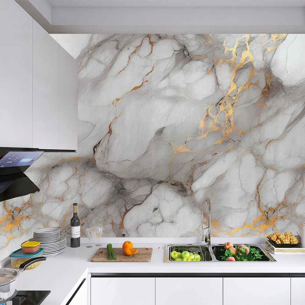 Waterproof Wall Stickers 40CM Modern Marble Self-adhesive Oil Fume Sticker Oil Resistant Mold Proof Kitchen Background Wallpaper