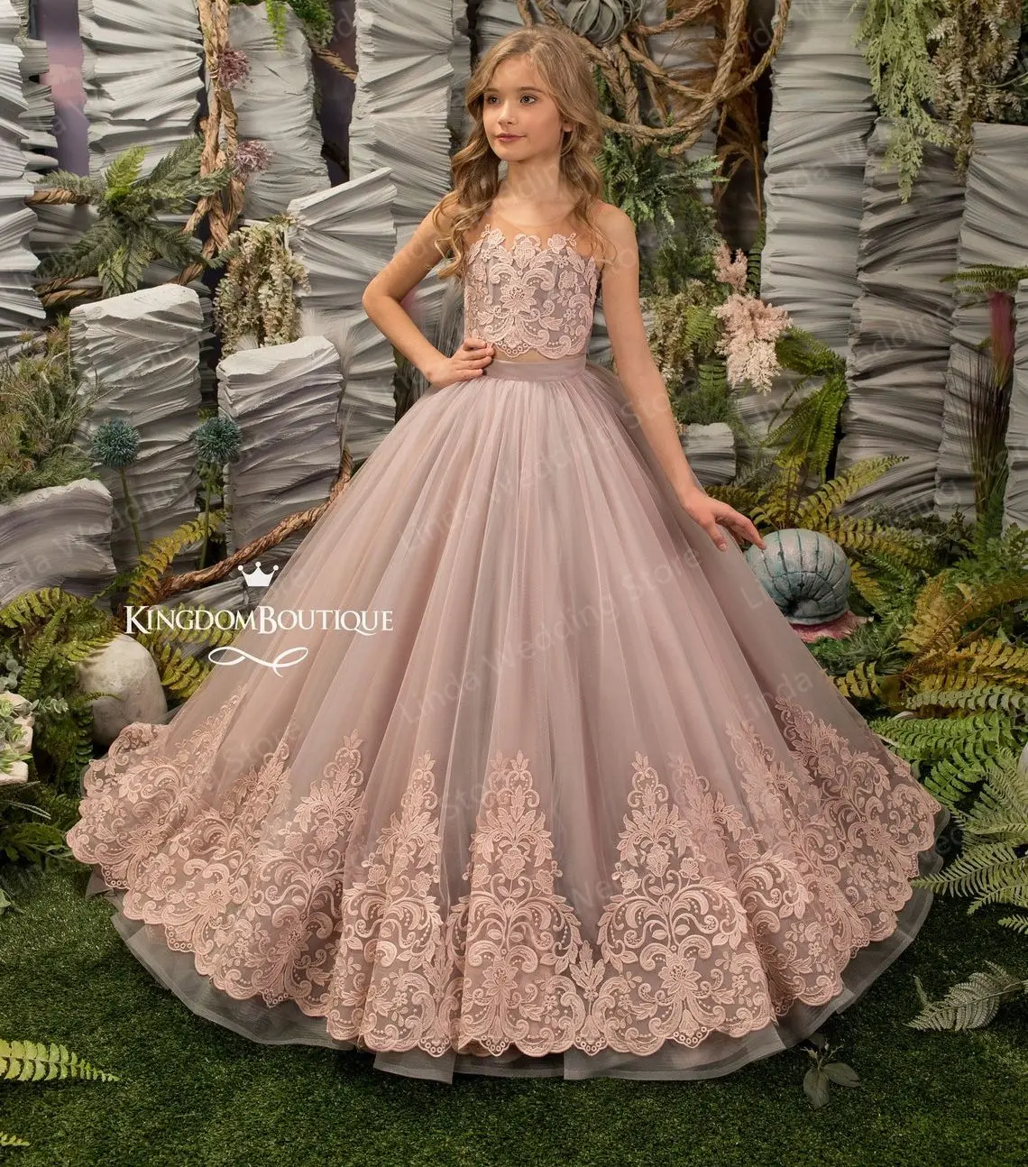 

Two Pieces Flower Girl Dresses Tulle Lace Appliqued Little Kids Wedding Dress Communion Dresses Birthday Photoshoot Gowns