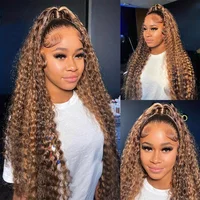 4/ 27 mettre en évidence miel brun bouclés Transparent HD 13x4 dentelle frontale réel perruques de cheveux humains Ombre couleur vague d'eau profonde pleine perruques 5
