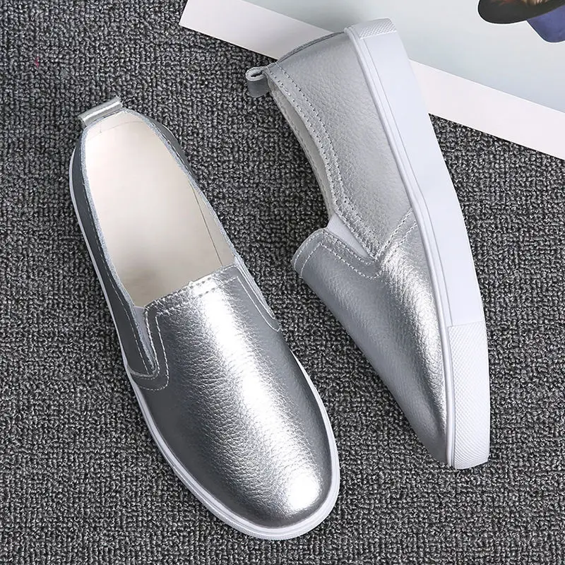 Spring Summer Silver Flats Hollow Out Women's White Loafer Split Leather Boat Shoes Comfy Ladies Best Flats For Standing All Day