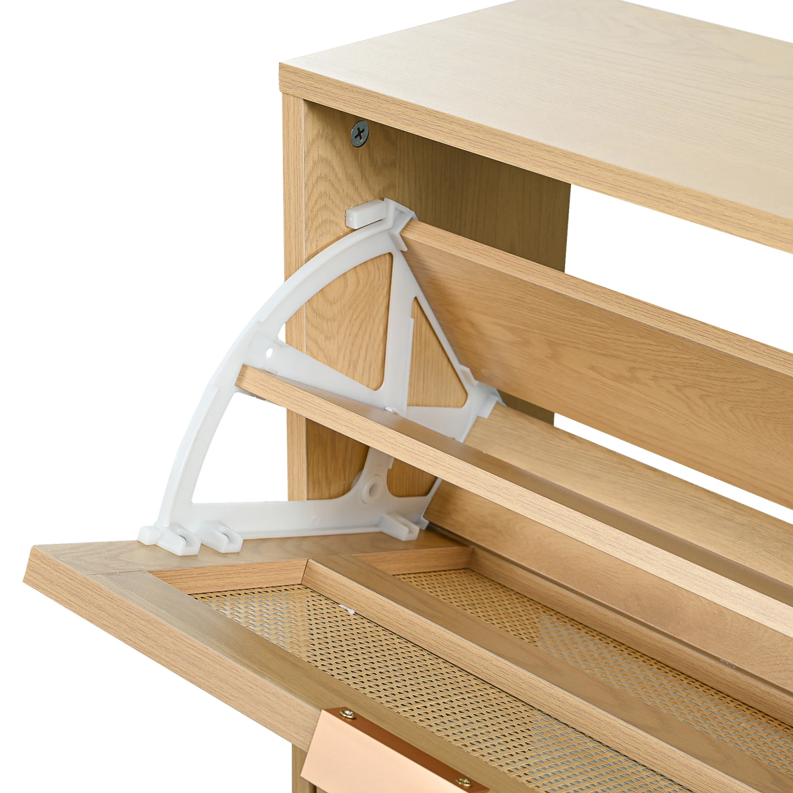 Rosahqnda Schuhschrank mit 4 Klappschubladen, Rattan-Schuhschrank mit Metallgriffen für Flur, Schlafzimmer, Wohnung, Holzmöbel – Detail 16