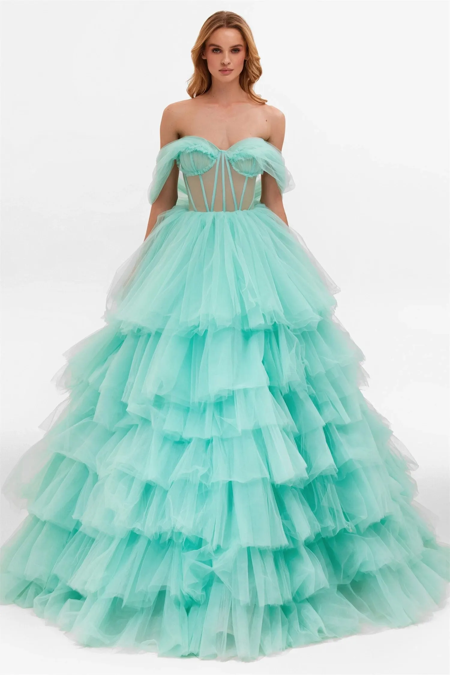

Green Tulle Ruffles Formal Pron Gowns Tiered Graduation Party Evening Dresses Princess Ball Gowns With DIY Bow 2024 For Women