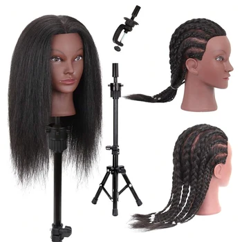 Testa di manichino con capelli umani 100% capelli veri Cosmetologia Testa di bambola con treppiede gratuito Testa di bambola da allenamento da 18' per parrucchiere