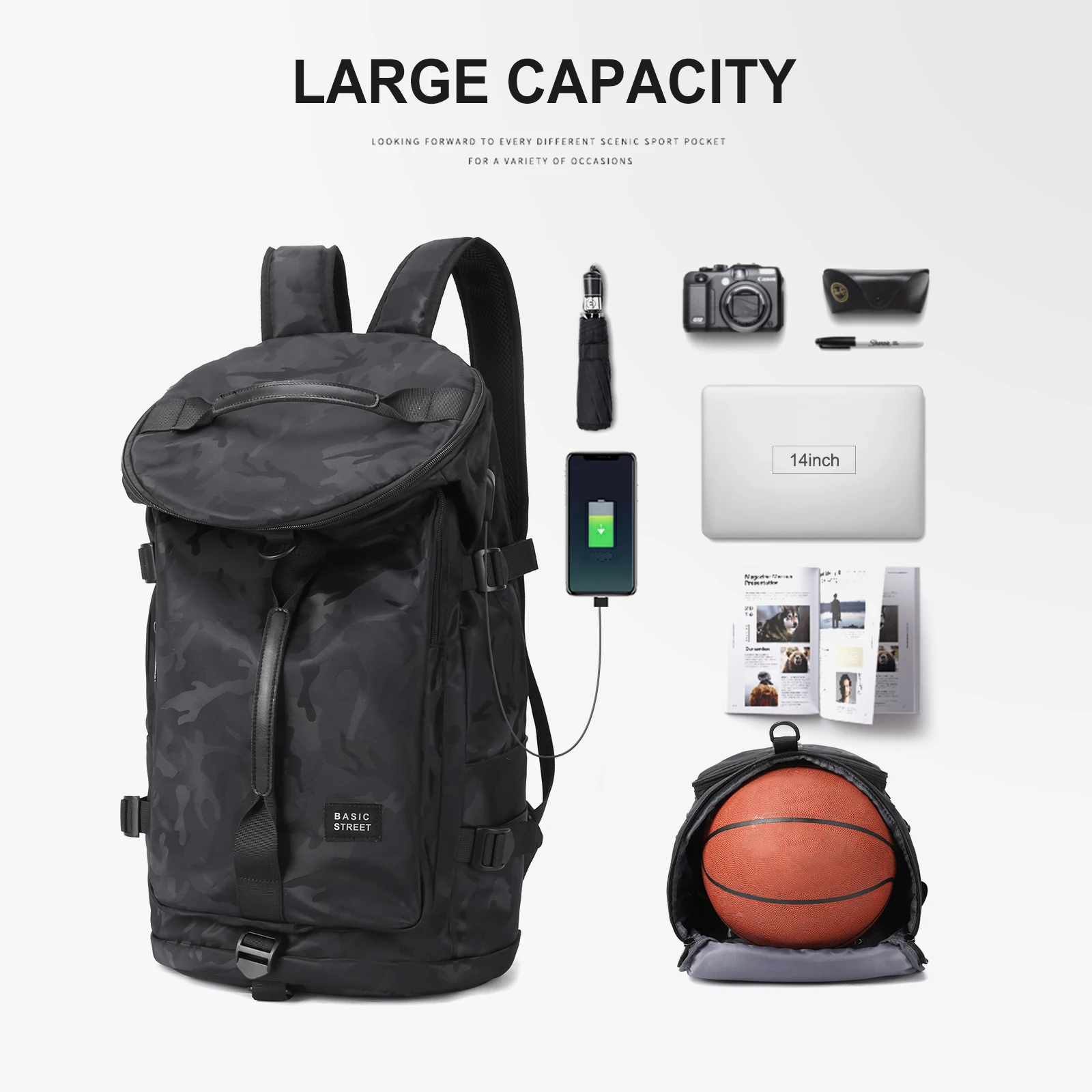 Duffle Bag Backpack Ball Gym Bag for Men Women Luggage Sports Basketball Backpack with Shoe Compartment Casual Travel Backpack