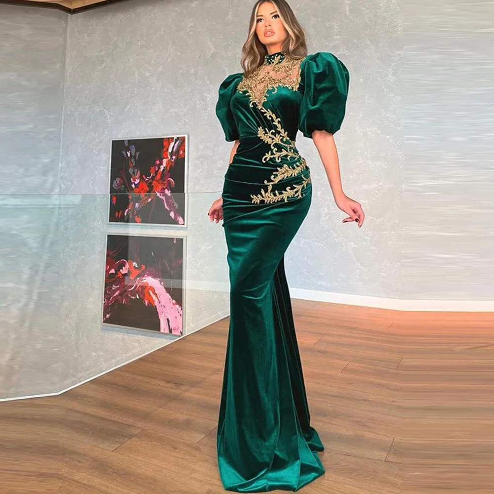 

15700# Luxury Dubai Puffy Sleeves Beading Appliques Mermaid Evening Dress Wedding Party Formal Prom Gown For Women Custom Made