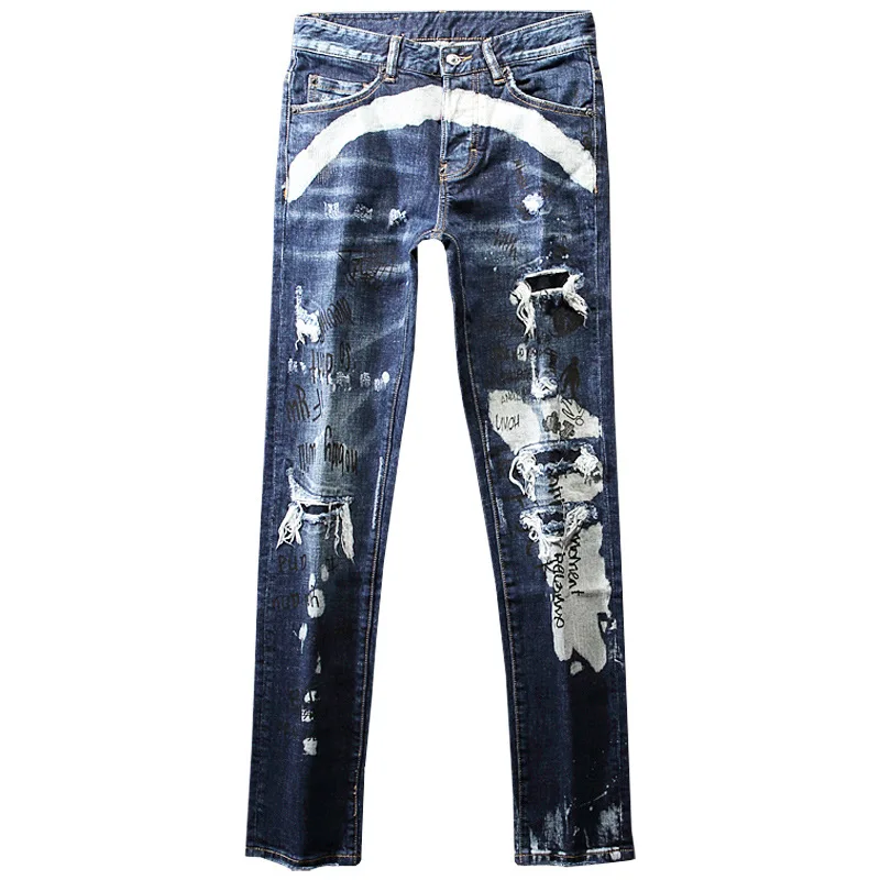 

Retro Heavy Make Rock Style Graffiti Splash Ink Printing Splicing Split Patch Slim Holes Y2K Small Feet Pencil Jeans For Men