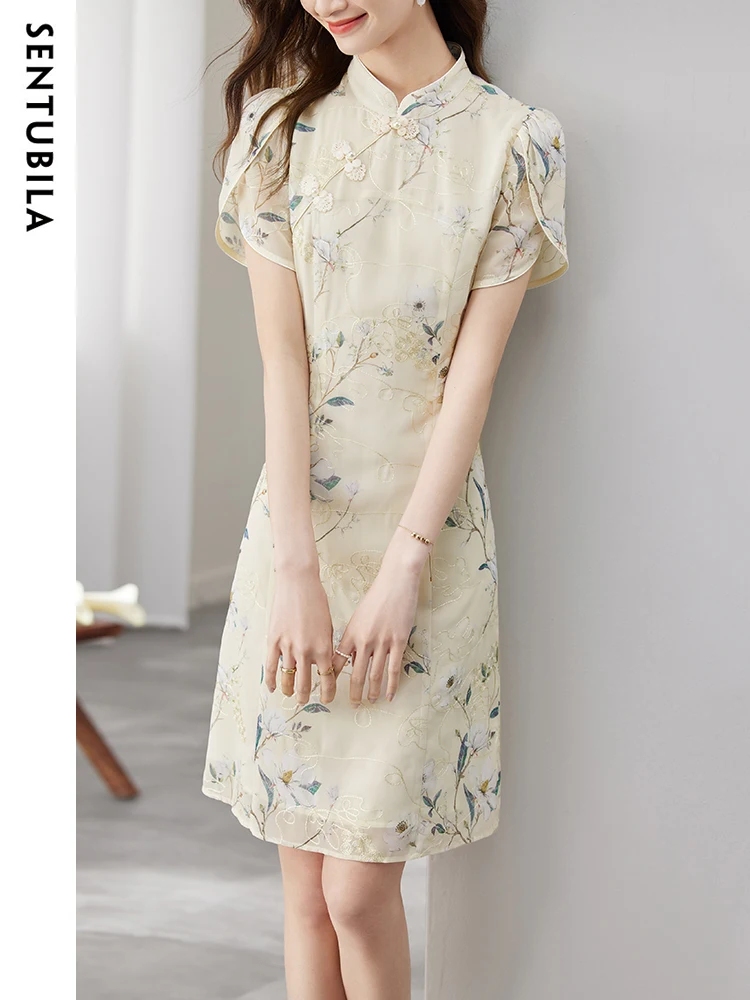 

Sentubila Chinese Style Vintage Mini Dresses for Women 2023 Fashion Cheongsam Short Sleeve Floral Embroidery Summer Qipao Dress