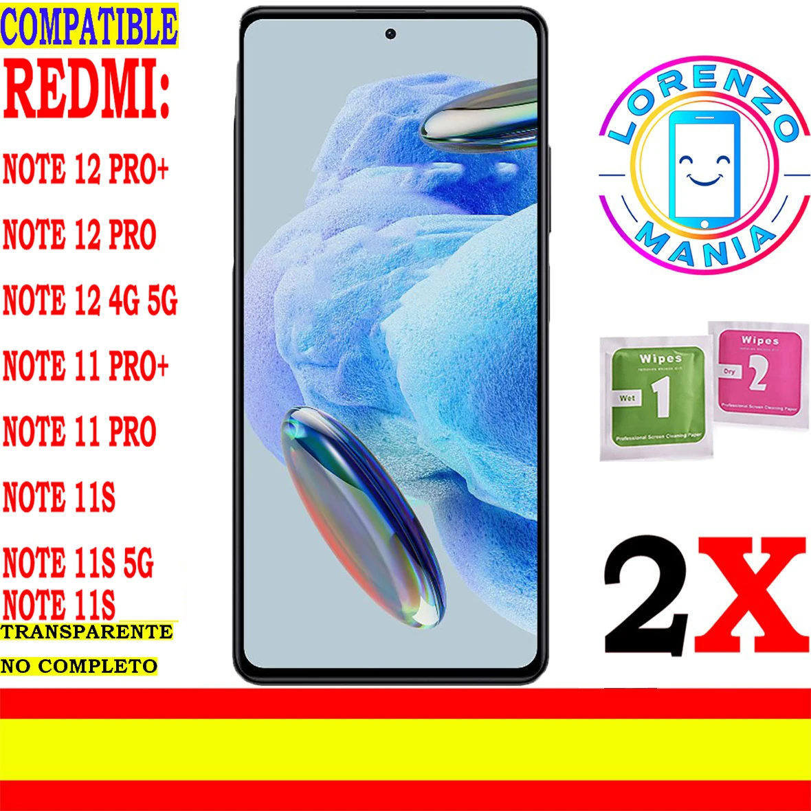 2 X Compatibile Xiaomi Redmi Note 12, Note 12 5G, Note 12 Pro 5G, Note 12 Pro 5G, Note 12 Pro Plus 5G, Note 11 Pro Plus 5G, Nota 11, Nota 11 Pro 4G 5G