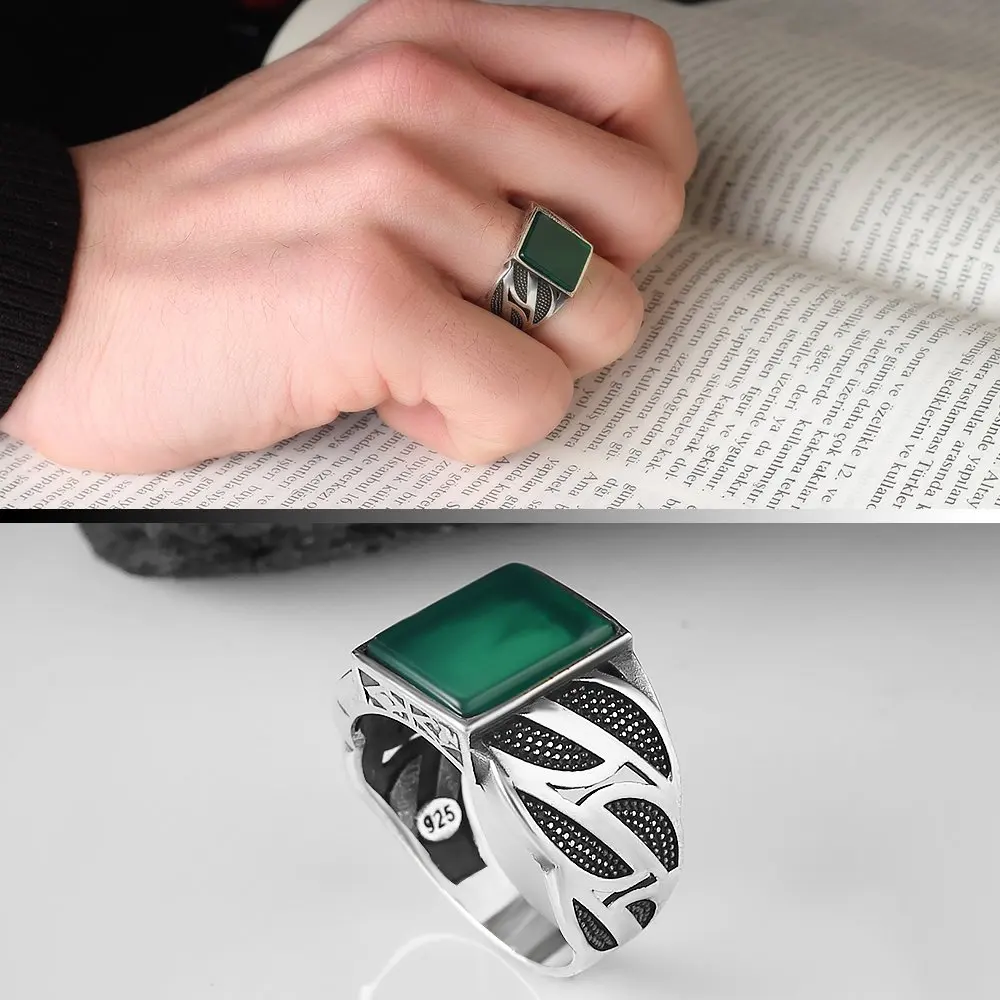 

Green Agate Gemstone 925 Sterling Mens Silver Ring, Free Shipping, Vintage Real Natural Stone, Turkish Style, gift for men Jewelry, Fashion