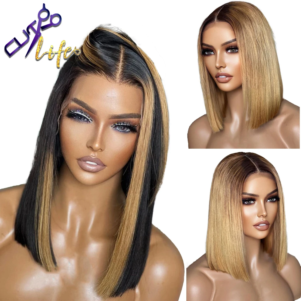 Brown Highlight Color Short Bob Cut Wigs 13x4 Lace Front Wig Human Hair Wigs Preplucked 4X4 Lace Closure For Black Women