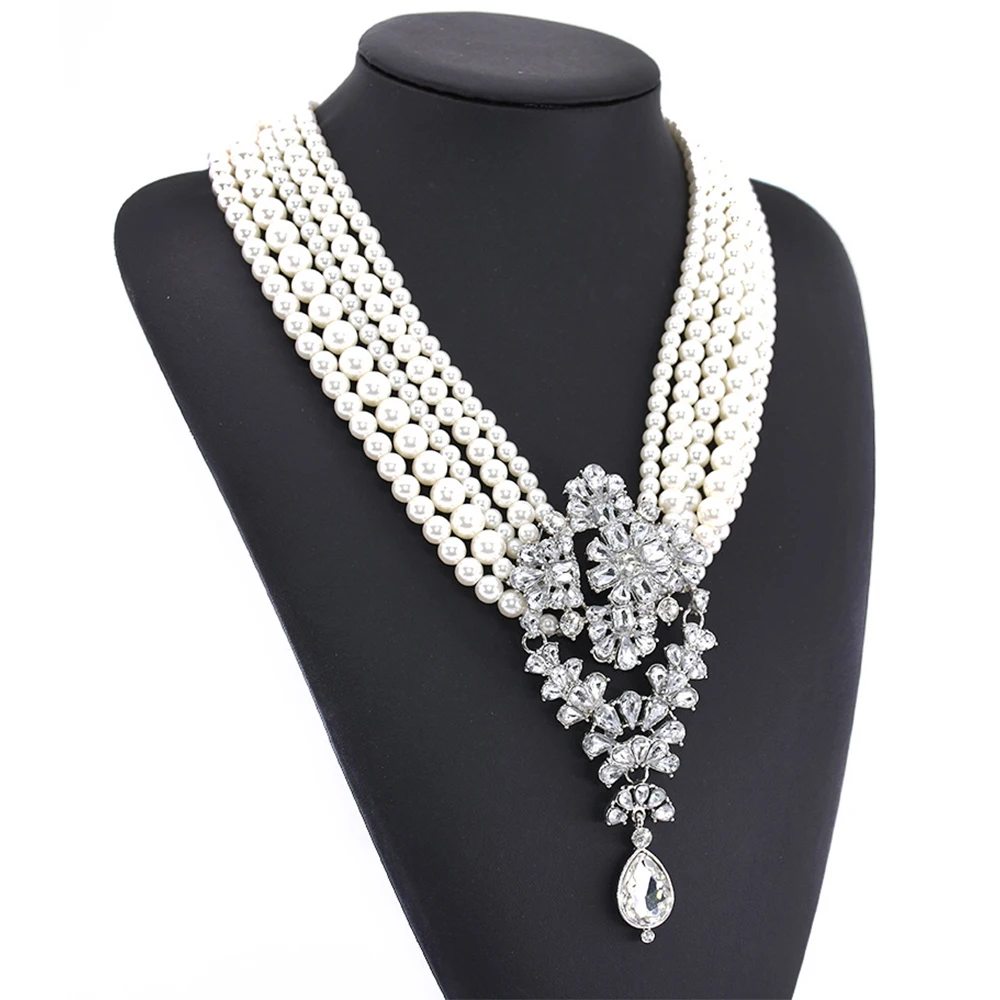 

Women Chunky Crystal Rhinestone Bib Pendant Chandelier Imitation Pearl Beaded Layered Statement Wedding Necklace Jewelry Bridal