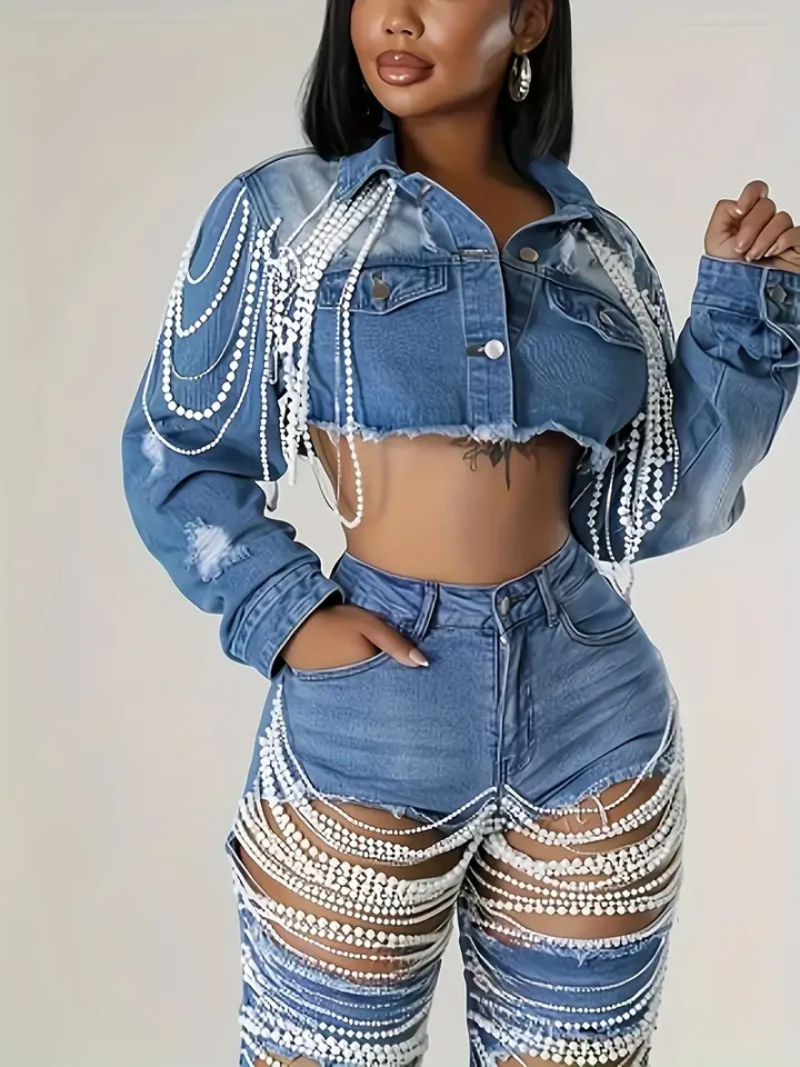 Embroidered Denim Jacket with Pearl Chains for Women