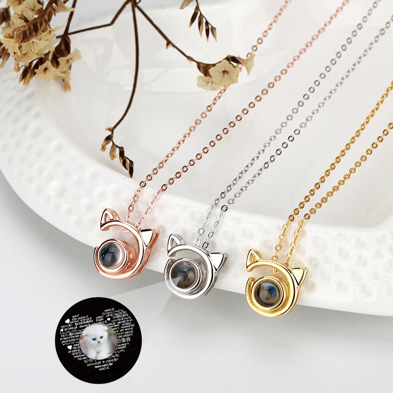 S925 Silver Personalized Photo Projection Necklace Custom Picture Cute Cat Pendants for Women Birthday Gifts for Girls