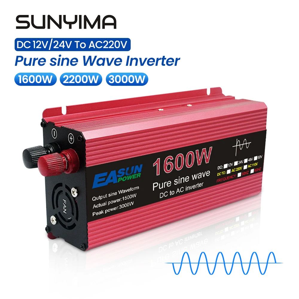 

SUNYIMA 1600W/2200W/3000W Pure Sine Wave Inverter 12V/24V to 220V DC to AC Power Converter Booster Outdoor Car Household DIY