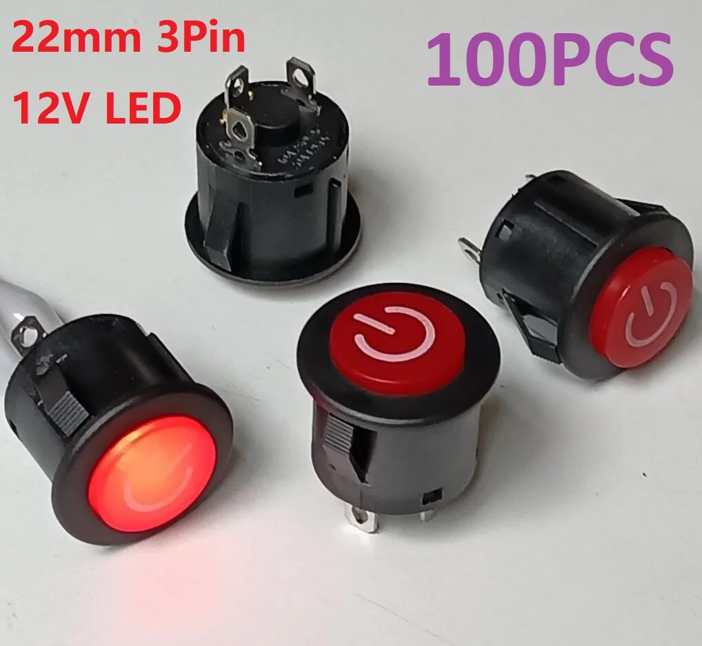 

100PCS 22MM (M22) 3Pin Plastic Push Button With LED 12V Power Logo Switch Used For Bike Latching Self Locking Glowing Indication