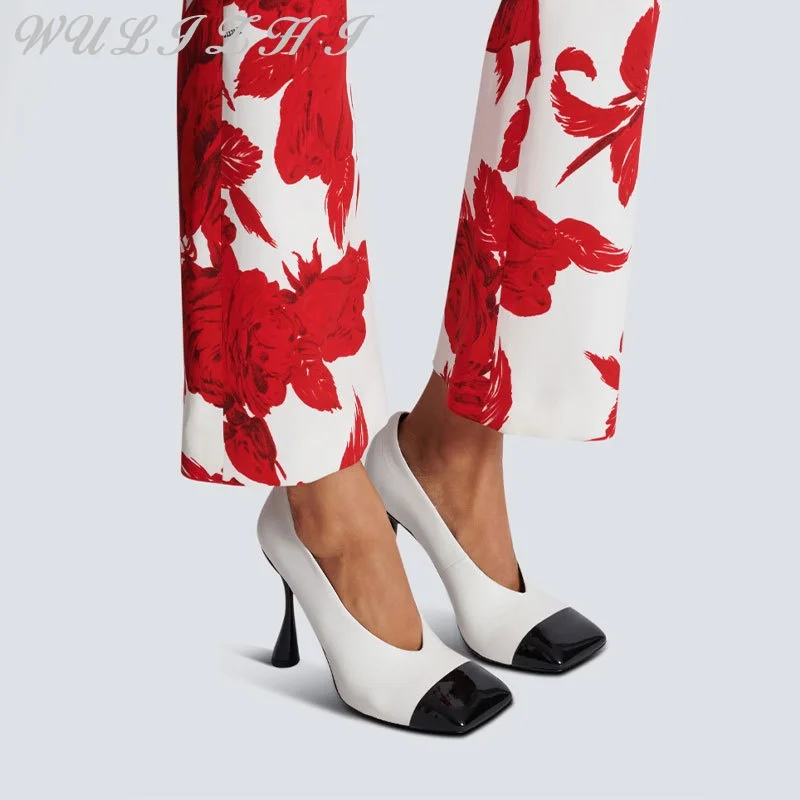 

Patent Leather Square Toe Hoof Heels Pumps Designer Mixed Colors Shallow Stiletto Heels Summer Large Size Office Women Shoes