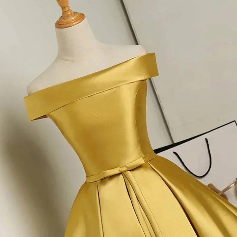Gold Wedding Party Dress Short Satin OFF Shoulder robe demoiselle d honneur femme Elegant chic prom night vestido elbise free s