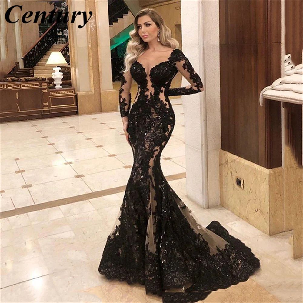 Mermaid Formal Evening Dress Long Sleeve Sexy Black Long Prom Party Gowns With Appliques Lace Beading Custom Made vestido novia