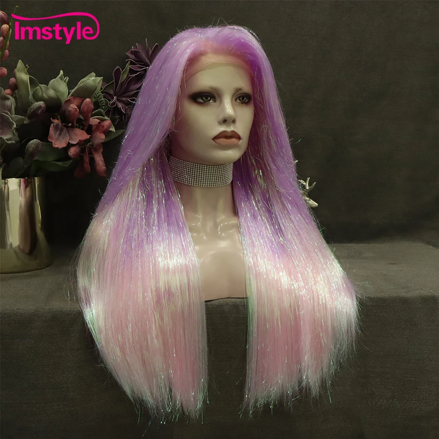 Imstyle Tinsel Lace Wig Pink Ombre Synthetic Lace Front Wig Long Straight Wigig Costume Party Wigs