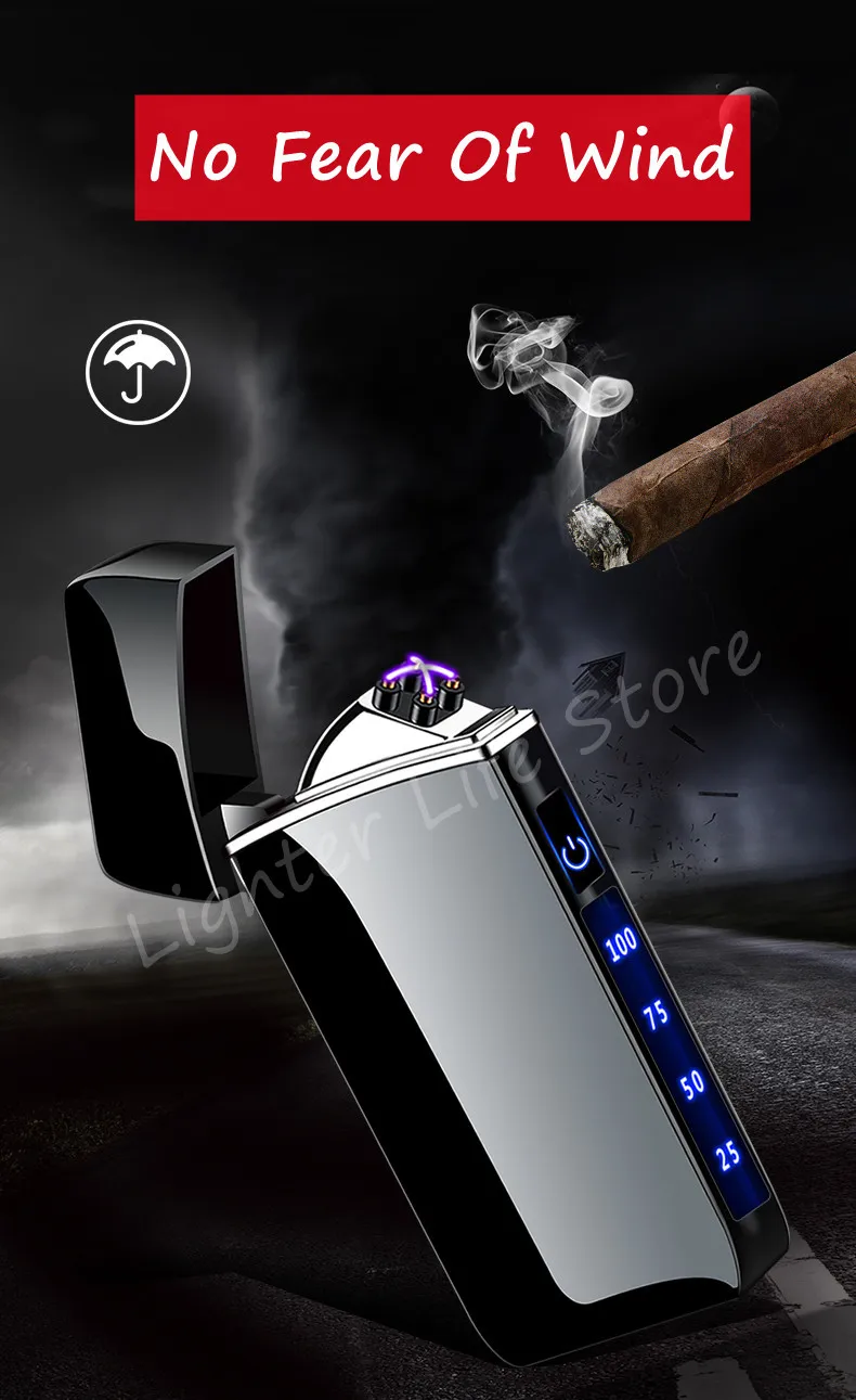 Touch Sensing Metal Electric Outdoor Windproof Lighter Dual Arc Flameless Plasma USB Rechargeable Lighters Digital Power Display