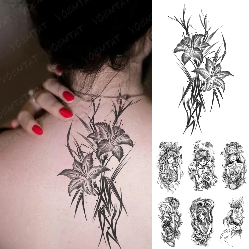 

Waterproof Temporary Tattoo Sticker Black Lily Lotus Rose Flower Satan Snake Women Arm Back Flash Tatto Fake Tatoo Men Body Art