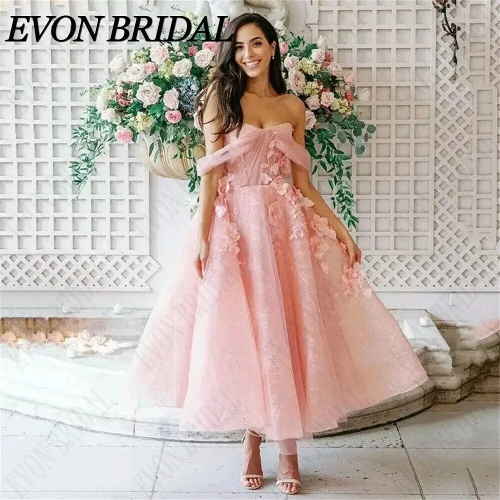 

EVON BRIDAL 3D Flower Prom Dress 2024 Sexy Off The Shoulder Knee Lenght Vestidos De Noche Tulle Evening Gown Custome Made