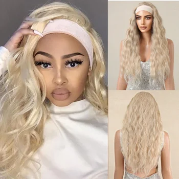 Cheap Wig Blonde Headband Synthetic Wig Long Afro Kinky Curly Golden Wig for Black Women Daily Use Water Wave Wig Heat Resistant