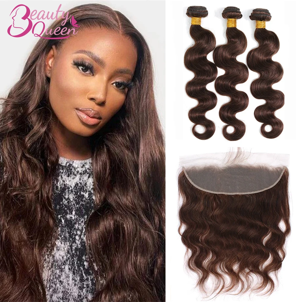 Chocolate Brown Body Wave Bundles With Closure Frontal #4 Colored Human Hair Bundles With 13x4 Transparent Lace Frontal Tissage