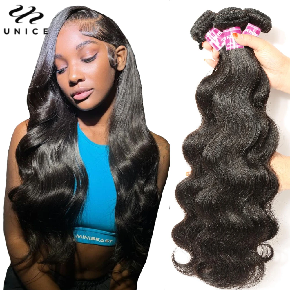 UNICE Body Wave Human Hair Bundles 4Pcs/Pack Natural Color Virgin Hair Bundles Traditional Sew-In Weft 250% Full Density Wig