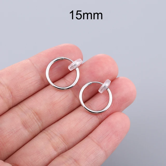 1 Pair Gold Silver Punk Hoop Earrings For Couple Fake Hoops Ear Clip Earrings Without Holes Ear Cuffs For Non Pierced Ears Steel color 15mm