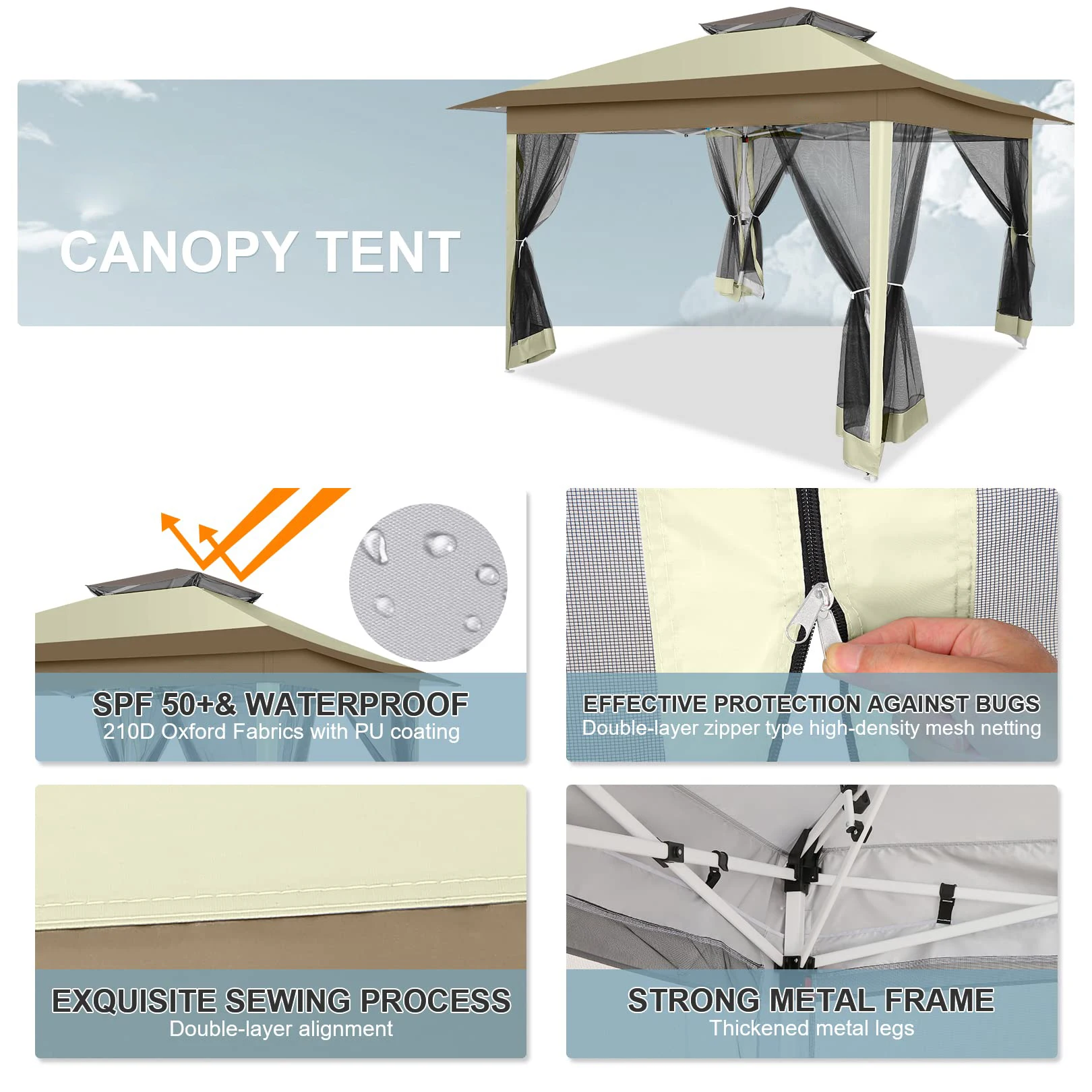 3x3M Waterproof Stable Folding Pavilion,Pop-up Garden Pavilion with 4 sidewalls Mosquito Net,Party tent,Double roof For Garden